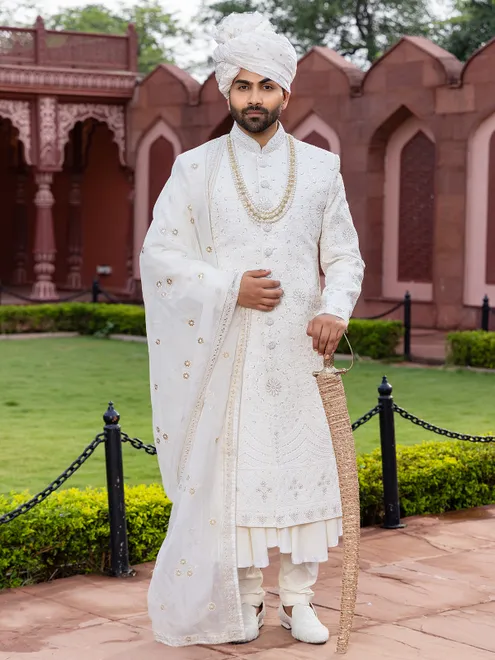 Peshwai style raw silk white shewani for groom