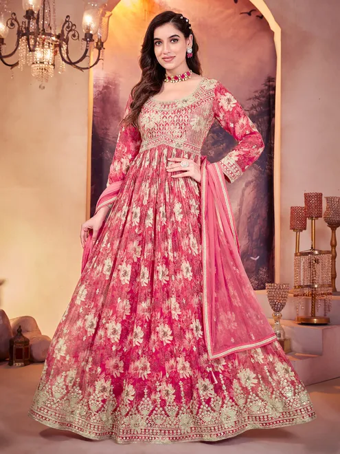 Pink anarkali suit for wedding in silk
