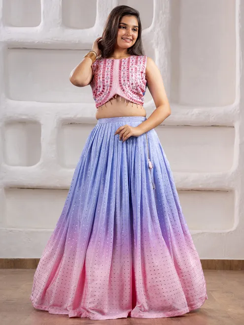 Pink and blue lehenga choli in silk