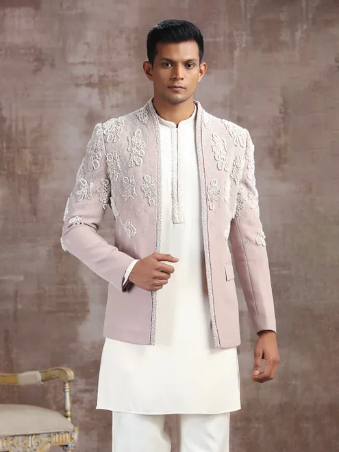 Pink and cream terry rayon indo western with pearls