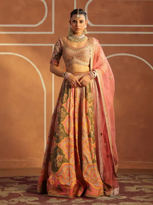 Pink and green printed crepe silk lehenga choli