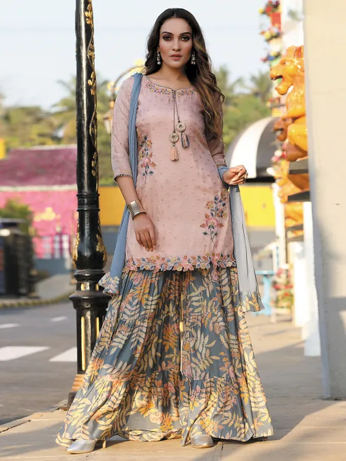 Pink and grey silk sharara suit for festive celebration