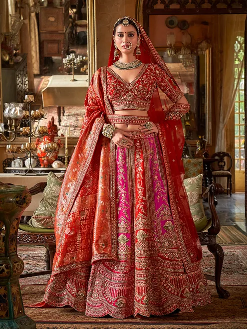 Pink and orange silk lehenga choli for bride