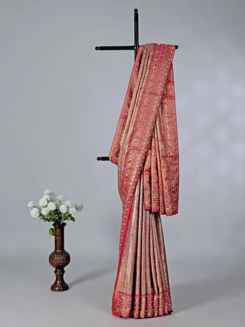 Pink and red kanjivaram silk wedding saree