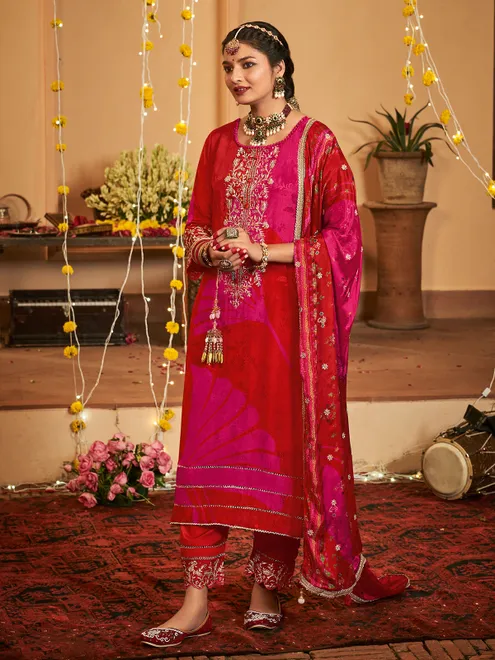 Pink and red silk salwar suit with resham work