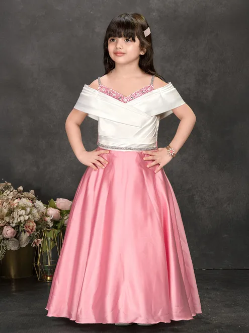 Pink and white satin silk beaded designer gown