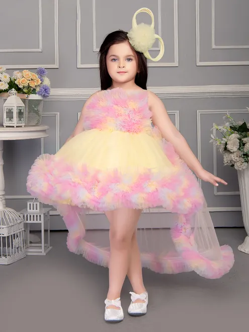 Pink and yellow net ruffled flare frock