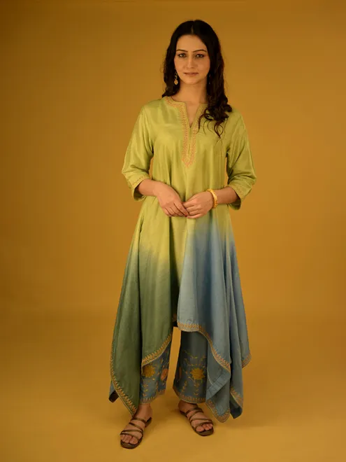 green and blue silk palazzo suit in shaded pattern