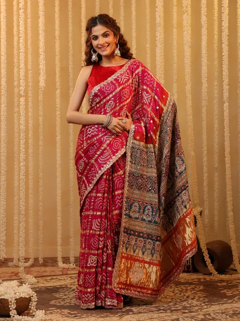 Pink bandhej silk saree for women wedding wear