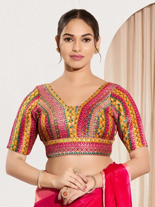Pink brocade printed V neck blouse for festive wear