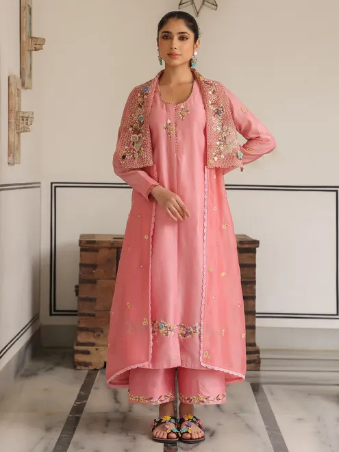 Pink chanderi silk jacket style kurti set