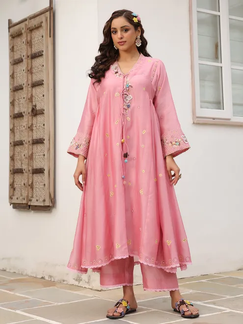 Pink chanderi silk kurti set with for festive