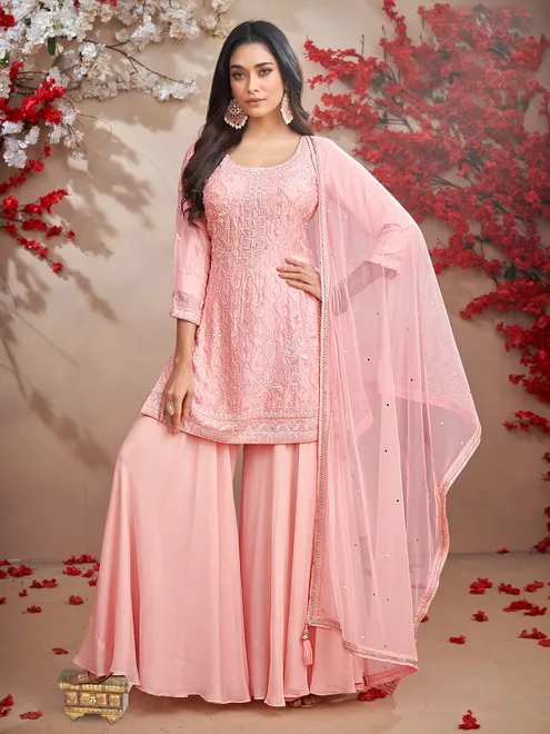 Pink chiffon palazzo suit with embroidery work