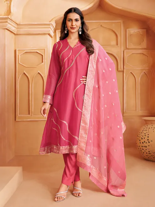 Pink chiffon salwar suit with zari and sequins work