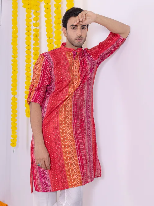 Pink cotton men kurta with print