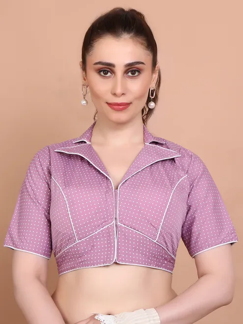 Pink cotton printed collar neck ready mad blouse
