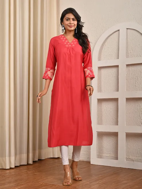 Pink cotton silk casual V neck elegant kurti