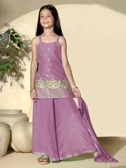 Pink cotton silk embroidered palazzo suit with dupatta