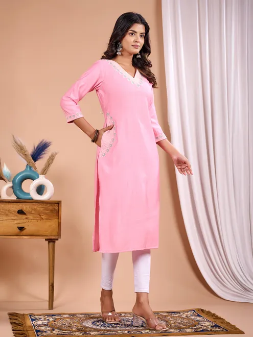 Pink cotton silk embroidery kurti for women