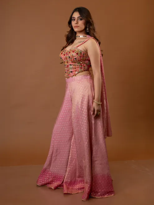 Pink cotton silk festive palazzo suit