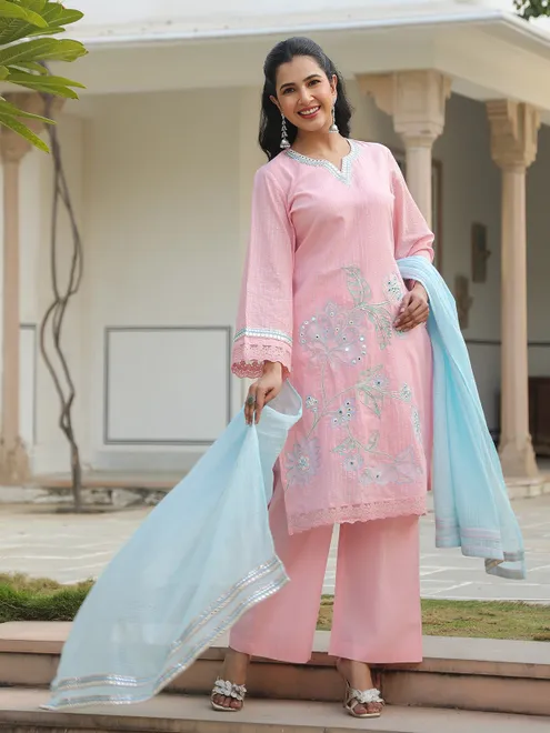 Pink cotton silk pakistani style festive palazzo set