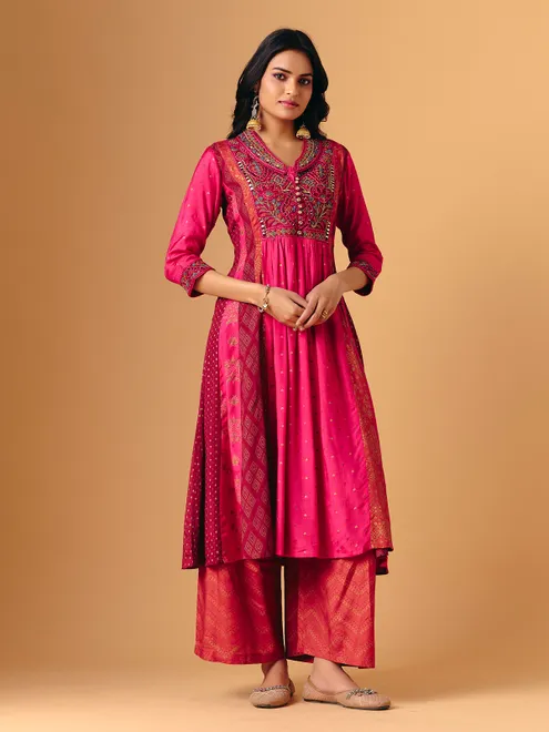 Pink cotton silk quarter sleeve palazzo suit