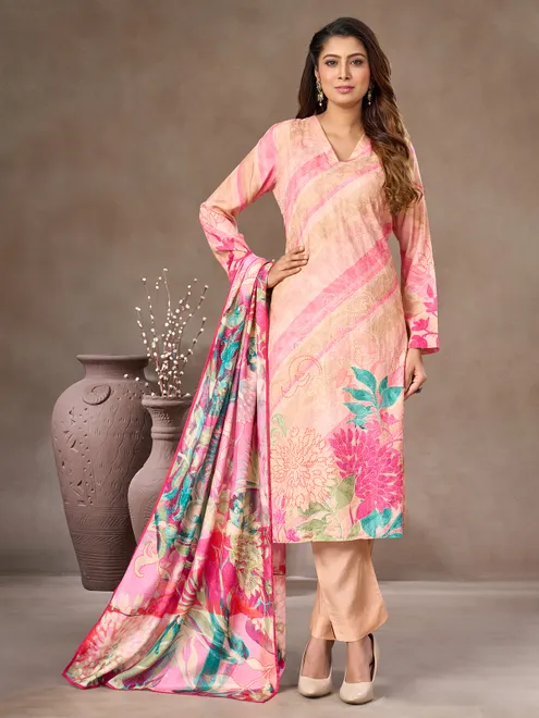Pink cotton silk salwar suit with thread weaving