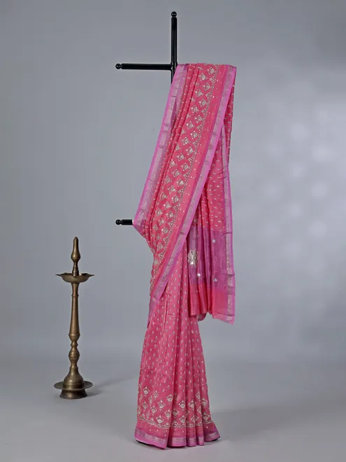 Pink cotton silk saree with aabla work