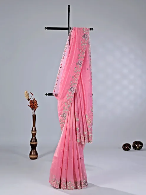 Pink cotton silk saree with thread work