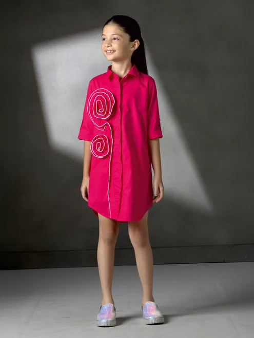 Pink cotton silk spiral applique dress