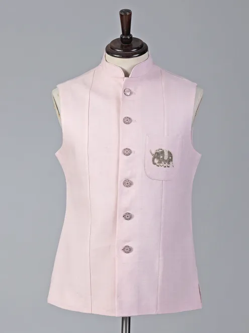 Pink cotton silk waistcoat with work on pocket