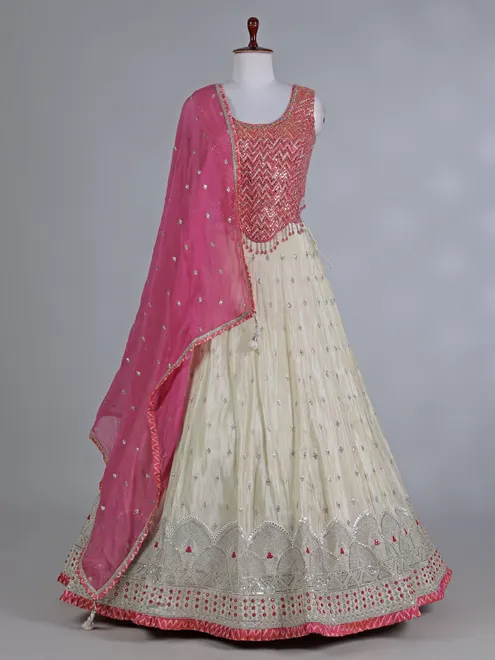 Pink cream round neck silk wedding lehenga choli