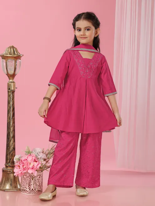 Pink crepe silk festive salwar suit for girls