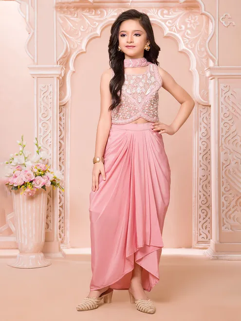 Pink designer satin silk sleeveless indo western suit