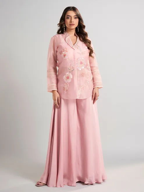 Pink designer tissue and satin silk palazzo suit