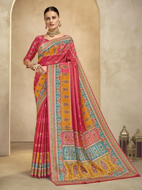 Pink digital printed crepe silk saree