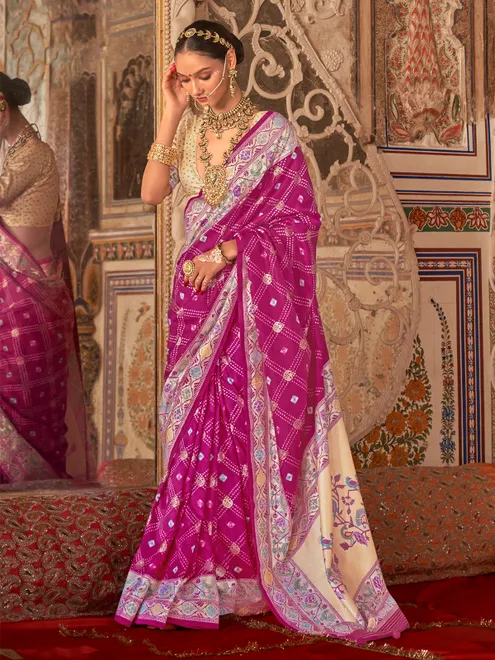 Pink digital prints silk saree for women