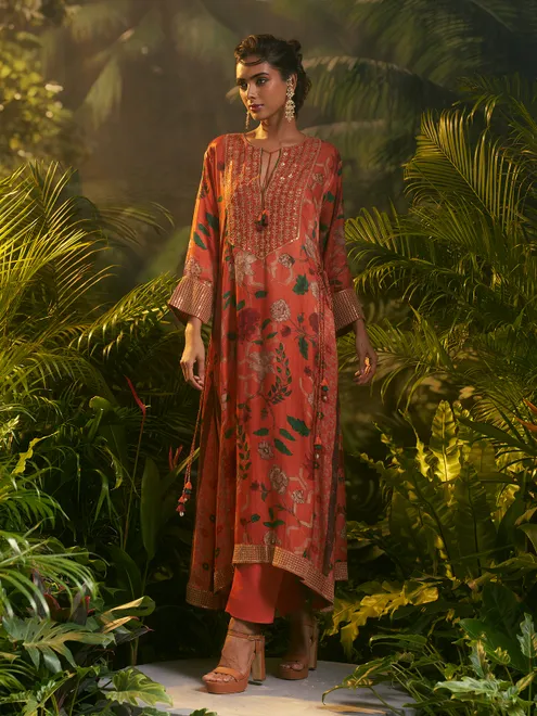 Pink festive wear silk printed salwar suit