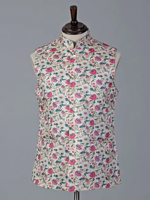 Pink floral cotton silk designer waistcoat