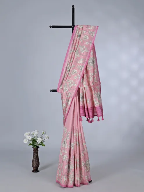 Pink floral printed art silk saree with resham accents