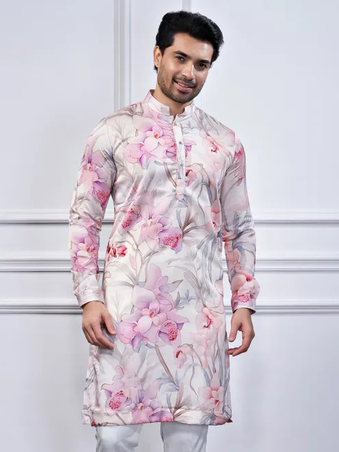 Pink floral printed cotton kurta suit for festive wear