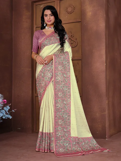 Pink floral zari work soft silk saree