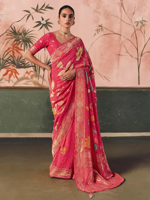Pink georgette bandhej zari woven festive saree