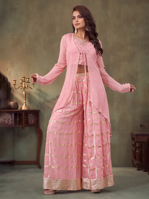 Pink georgette jacket style festive palazzo suit