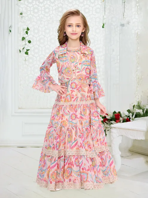 Pink georgette long dress with embellished jacket
