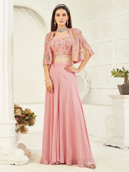 Pink georgette palazzo suit with mirror work