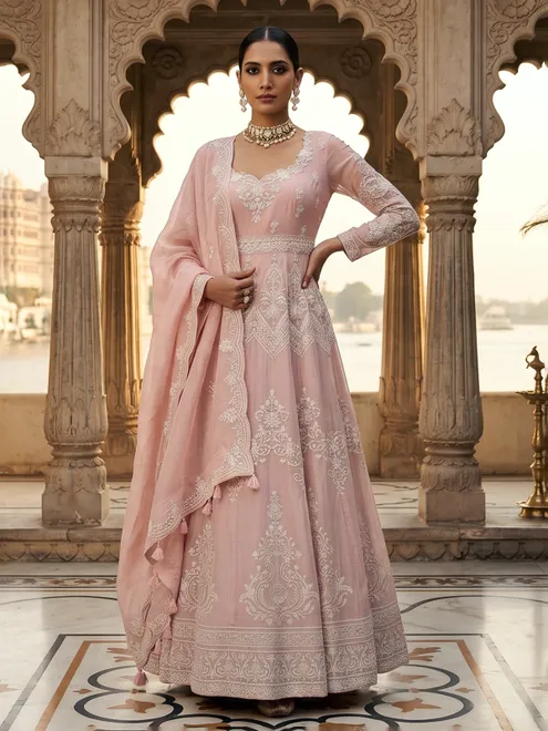 Pink handcrafted embellished wedding celebration salwar suit