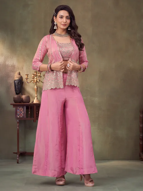 Pink jacket style palazzo suit for wedding wear