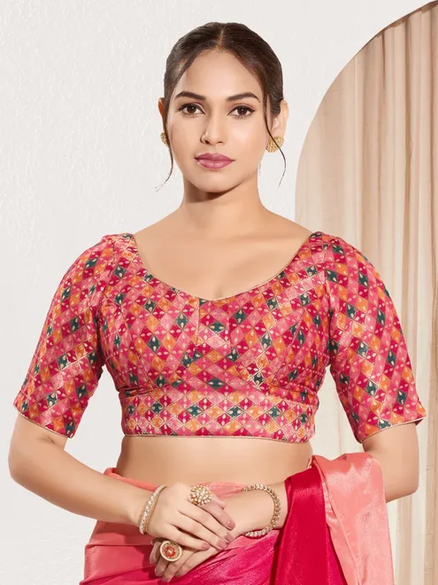 Pink jacquard printed round neck elbow sleeve blouse