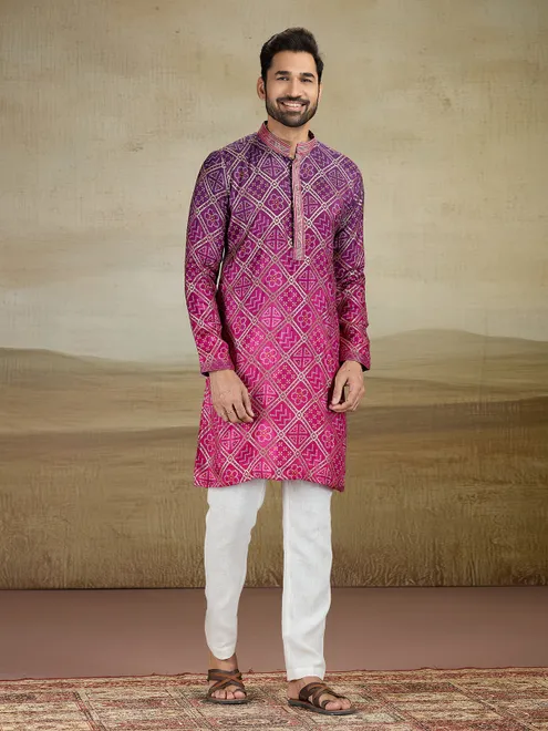 Pink jacquard silk shaded kurta pajama